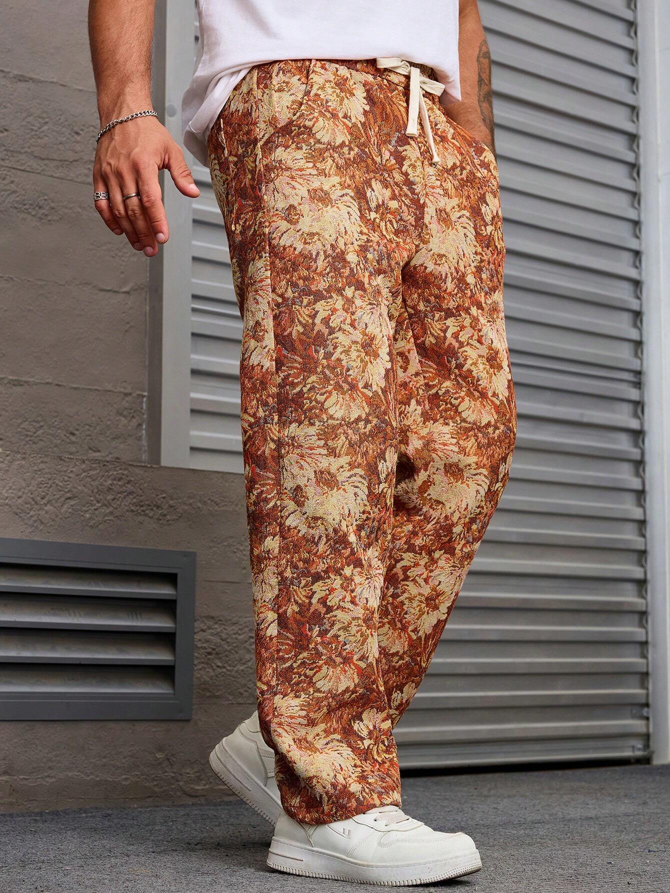Orange Color Men’s Relaxed Fit Floral Print Casual Pants - XPPT