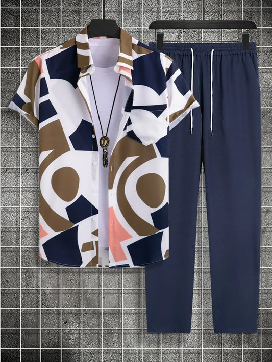 Classy Brown and Blue Patchwork on White Mens Full Set Trouser and Shirt Half Sleeves - XPCRDF