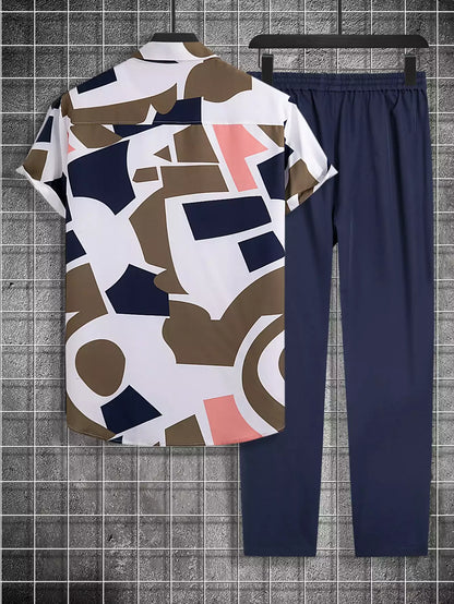 Classy Brown and Blue Patchwork on White Mens Full Set Trouser and Shirt Half Sleeves - XPCRDF