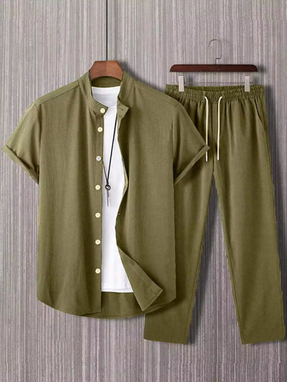 Plain Army Green Mens Full Set Trouser and Shirt Half Sleeves - XPCRDF