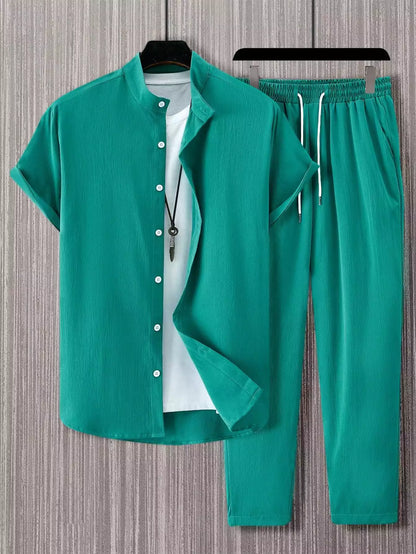 Plain Green Mens Full Set Trouser and Shirt Half Sleeves - XPCRDF