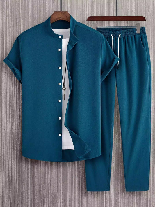 Plain Teal Blue Mens Full Set Trouser and Shirt Half Sleeves - XPCRDF