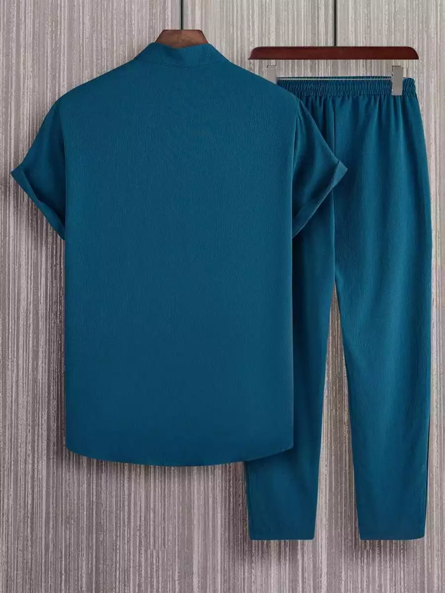 Plain Teal Blue Mens Full Set Trouser and Shirt Half Sleeves - XPCRDF
