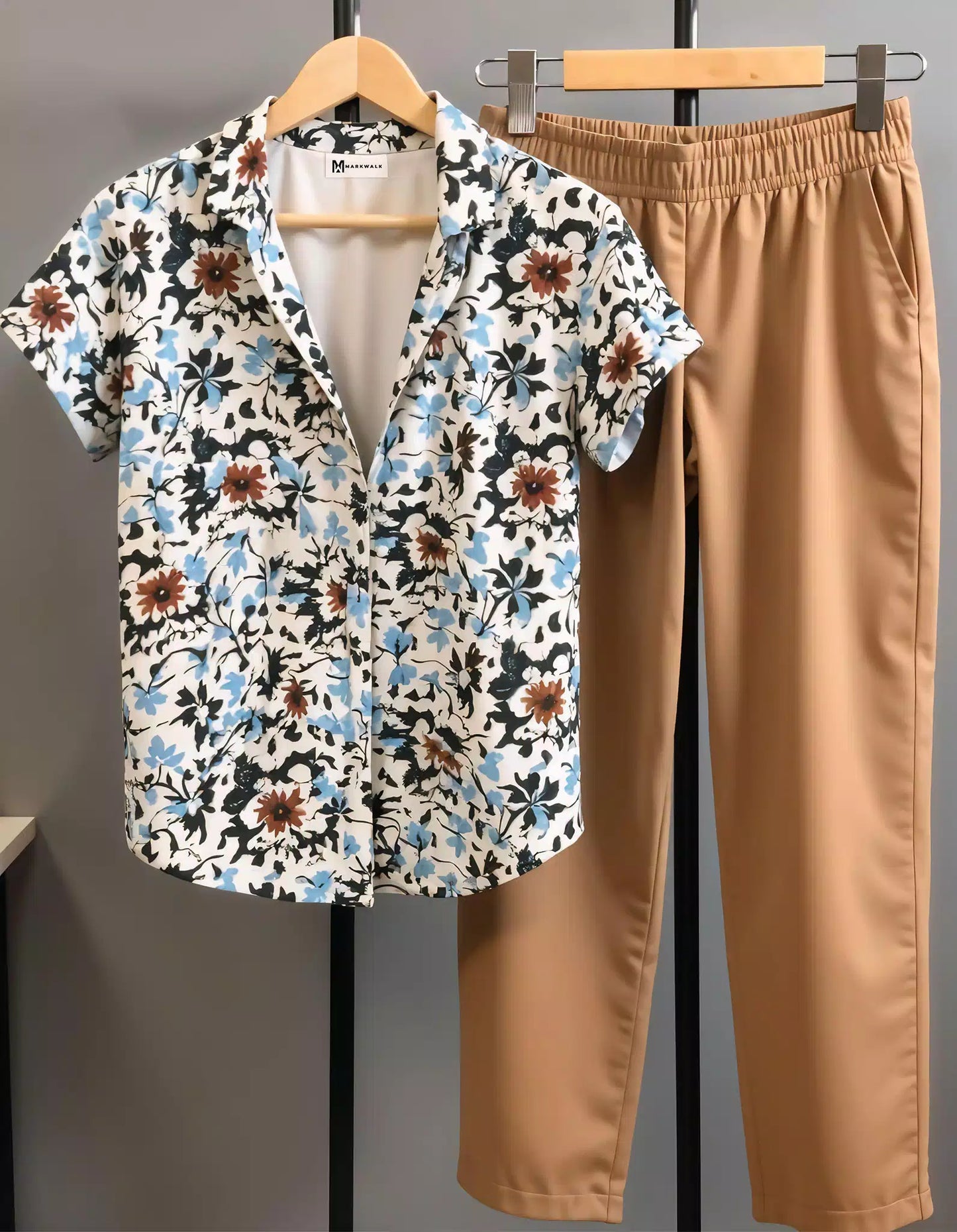 Brown Floral Design Mens Half Sleeves Cords Cotton Material - XPCRDF