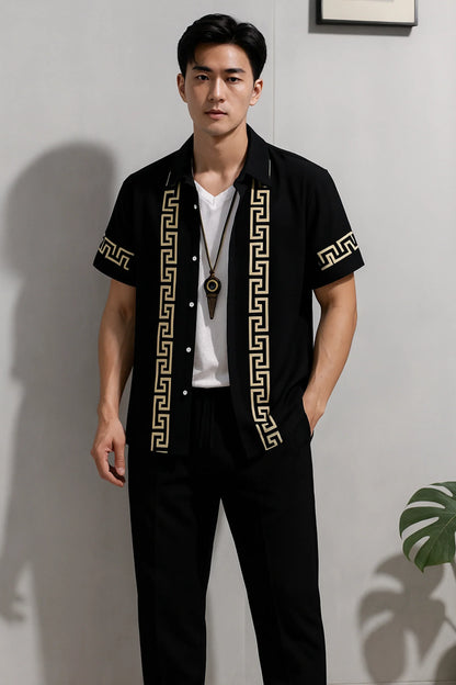 Black Border Men's Casual Half Sleeve Shirt and Full Pant Set - XPCRDF