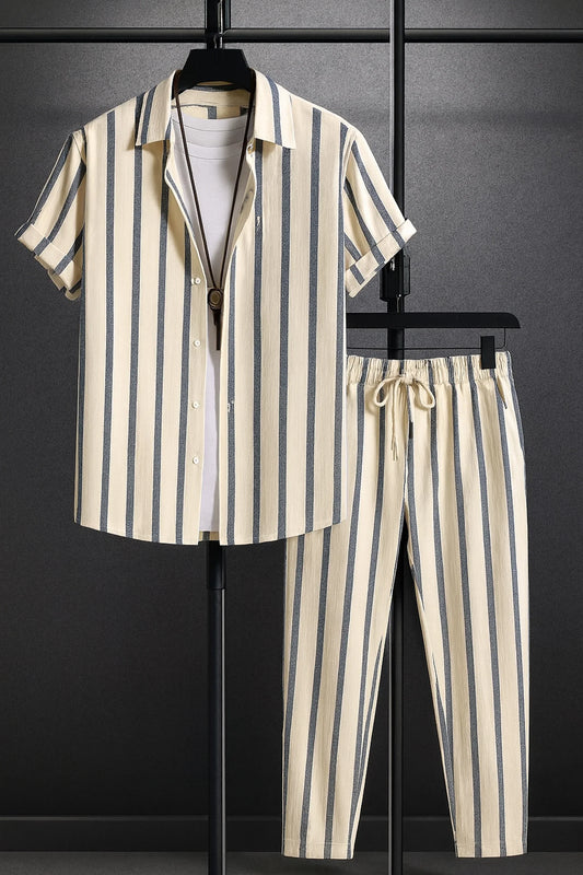 Cream Line Men's Casual Half Sleeve Shirt and Full Pant Set - XPCRDF