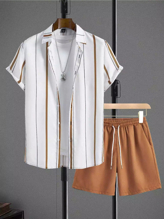 Cream Brown Line Design Mens Half Sleeves Cords Cotton Material - XPCRDH