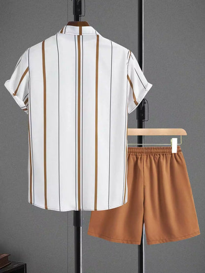 Cream Brown Line Design Mens Half Sleeves Cords Cotton Material - XPCRDH