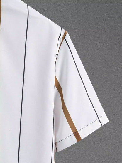 Cream Brown Line Design Mens Half Sleeves Cords Cotton Material - XPCRDH