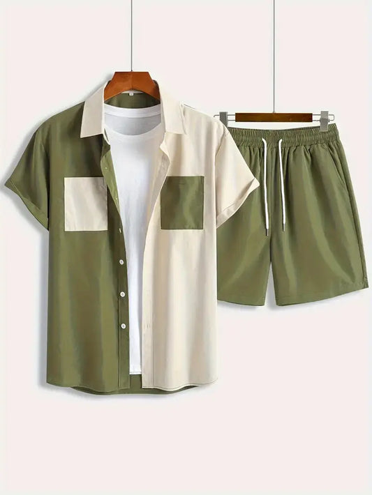 Cream and Green Mix Colored Men's Half Sleeves Cords Cotton Material - XPCRDH
