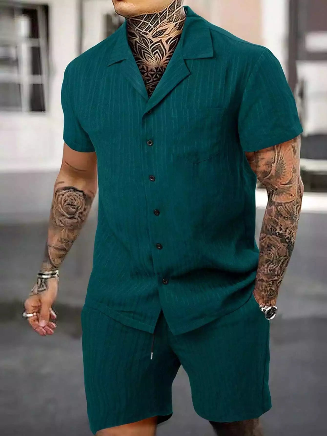 Green Solid Color Mens Half Sleeves Cords Cotton Material - XPCRDH