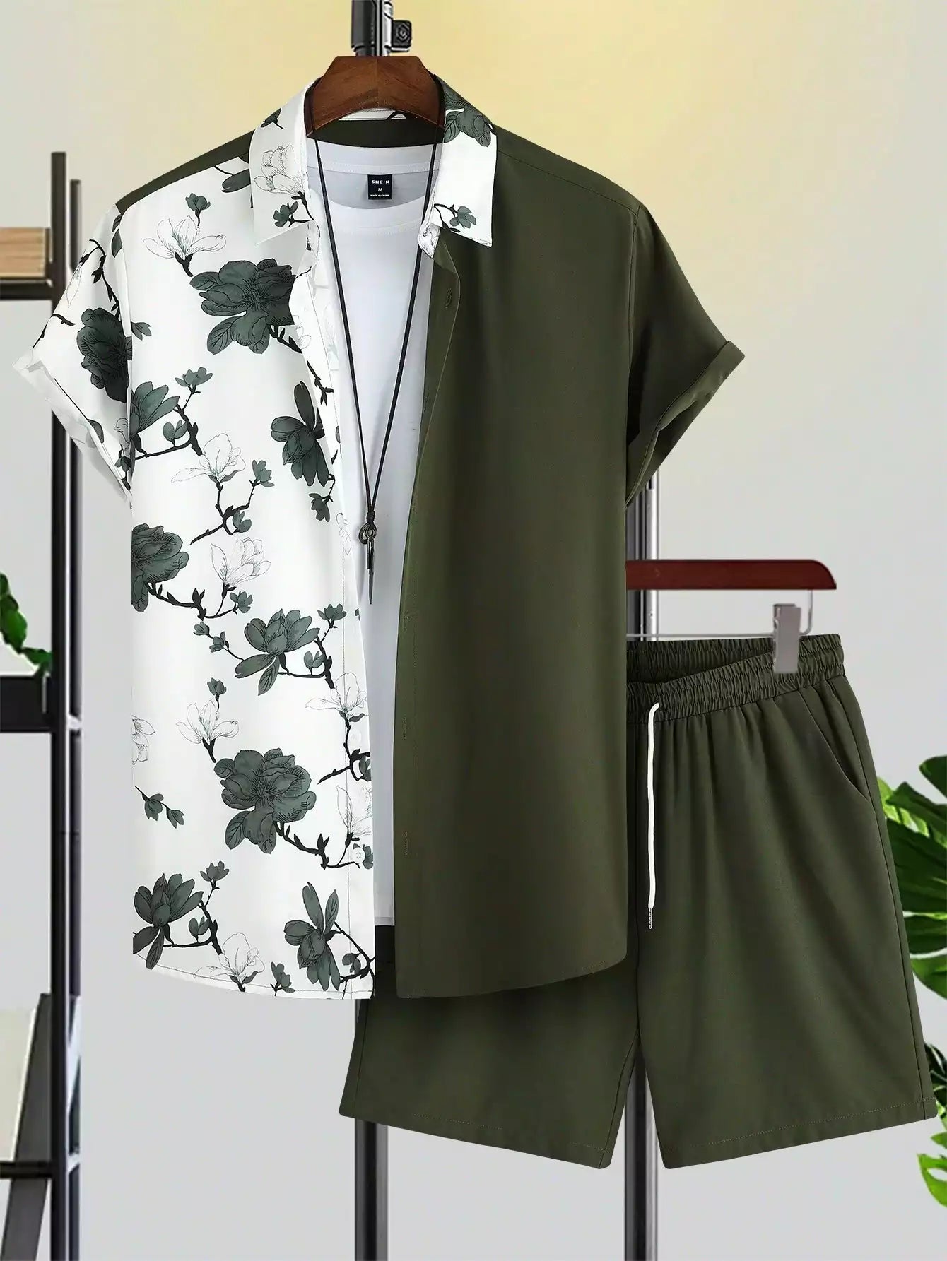 Green White Flower Design Mens Half Sleeves Cords Cotton Material - XPCRDH