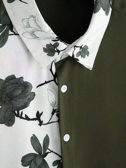 Green White Flower Design Mens Half Sleeves Cords Cotton Material - XPCRDH