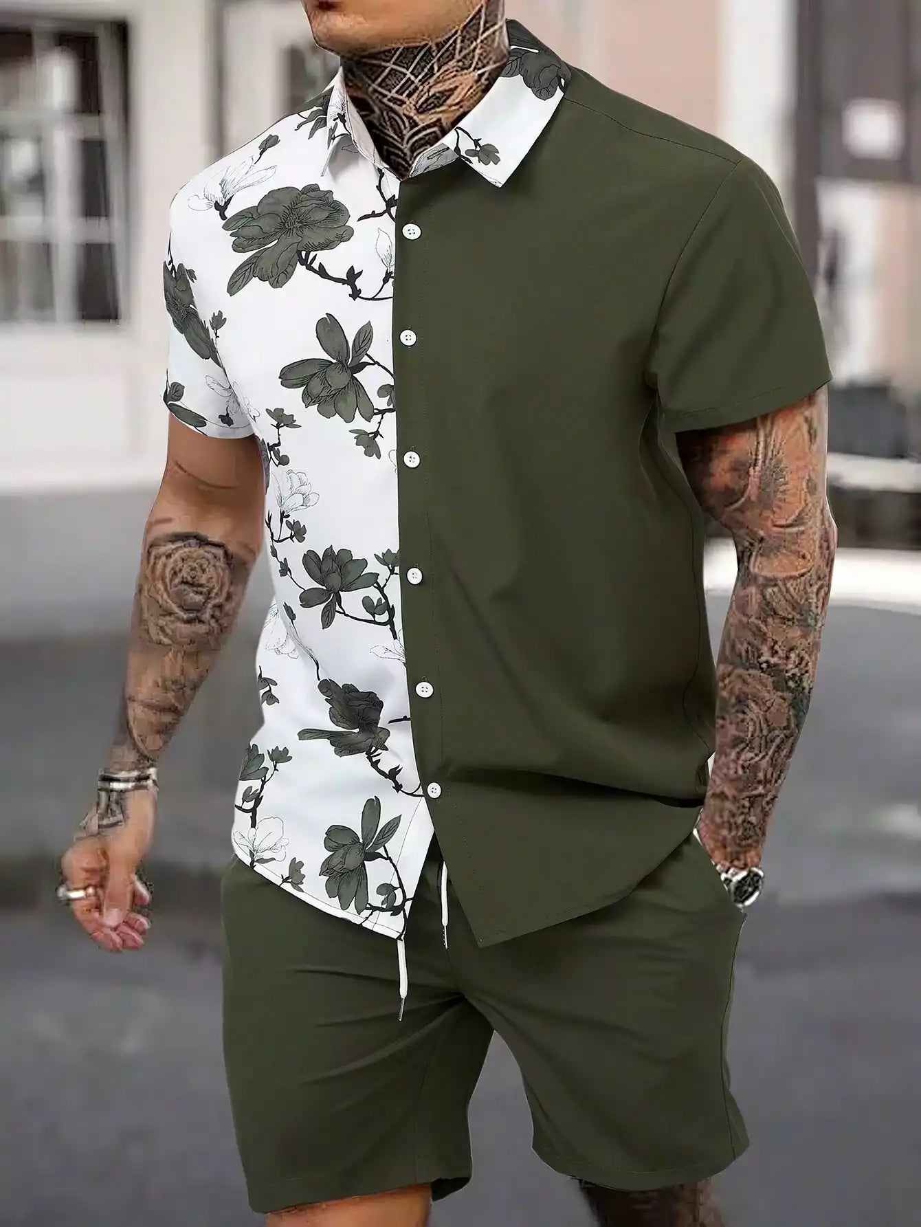 Green White Flower Design Mens Half Sleeves Cords Cotton Material - XPCRDH