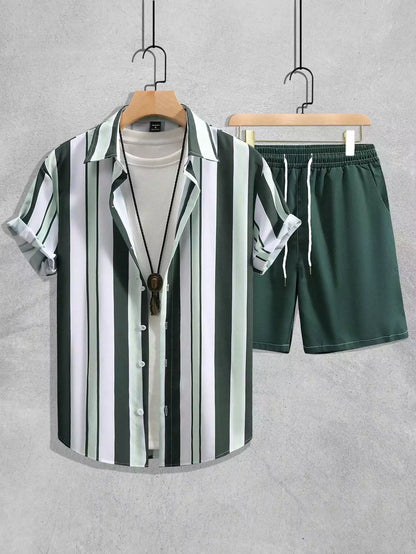 Green White Line Design Mens Half Sleeves Cords Cotton Material - XPCRDH