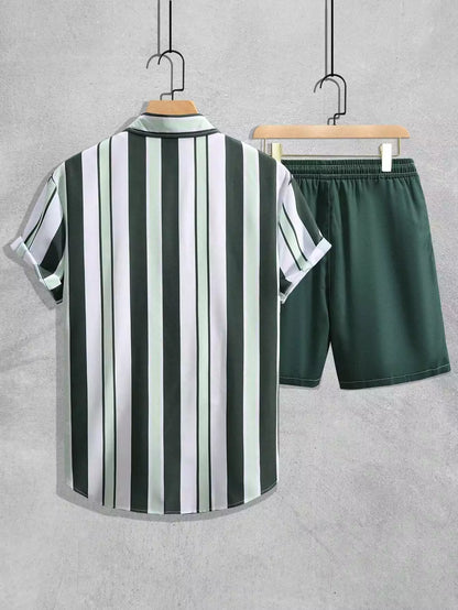 Green White Line Design Mens Half Sleeves Cords Cotton Material - XPCRDH