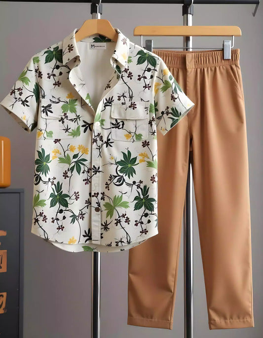Brown Flower  Mens Full Set Trouser and Shirt Half Sleeves - XPCRDF