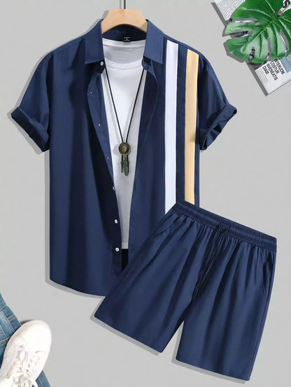 Navy Blue Strip Design Mens Half Sleeves Cords Cotton Material - XPCRDH