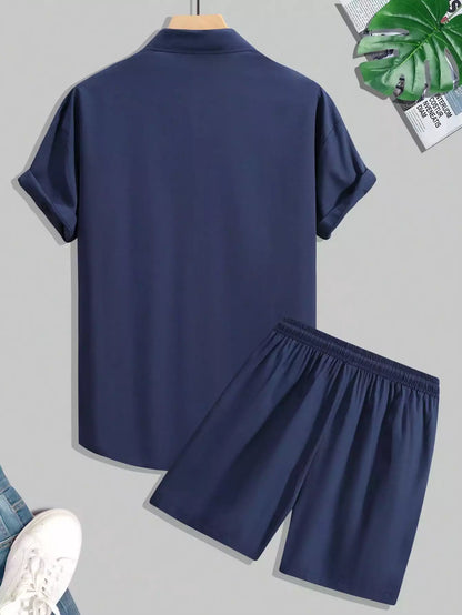 Navy Blue Strip Design Mens Half Sleeves Cords Cotton Material - XPCRDH