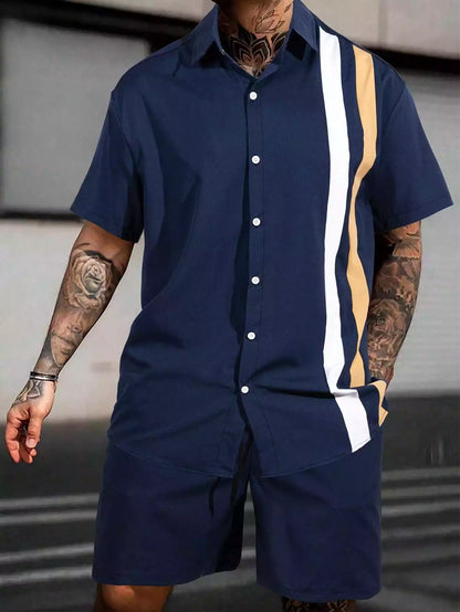 Navy Blue Strip Design Mens Half Sleeves Cords Cotton Material - XPCRDH