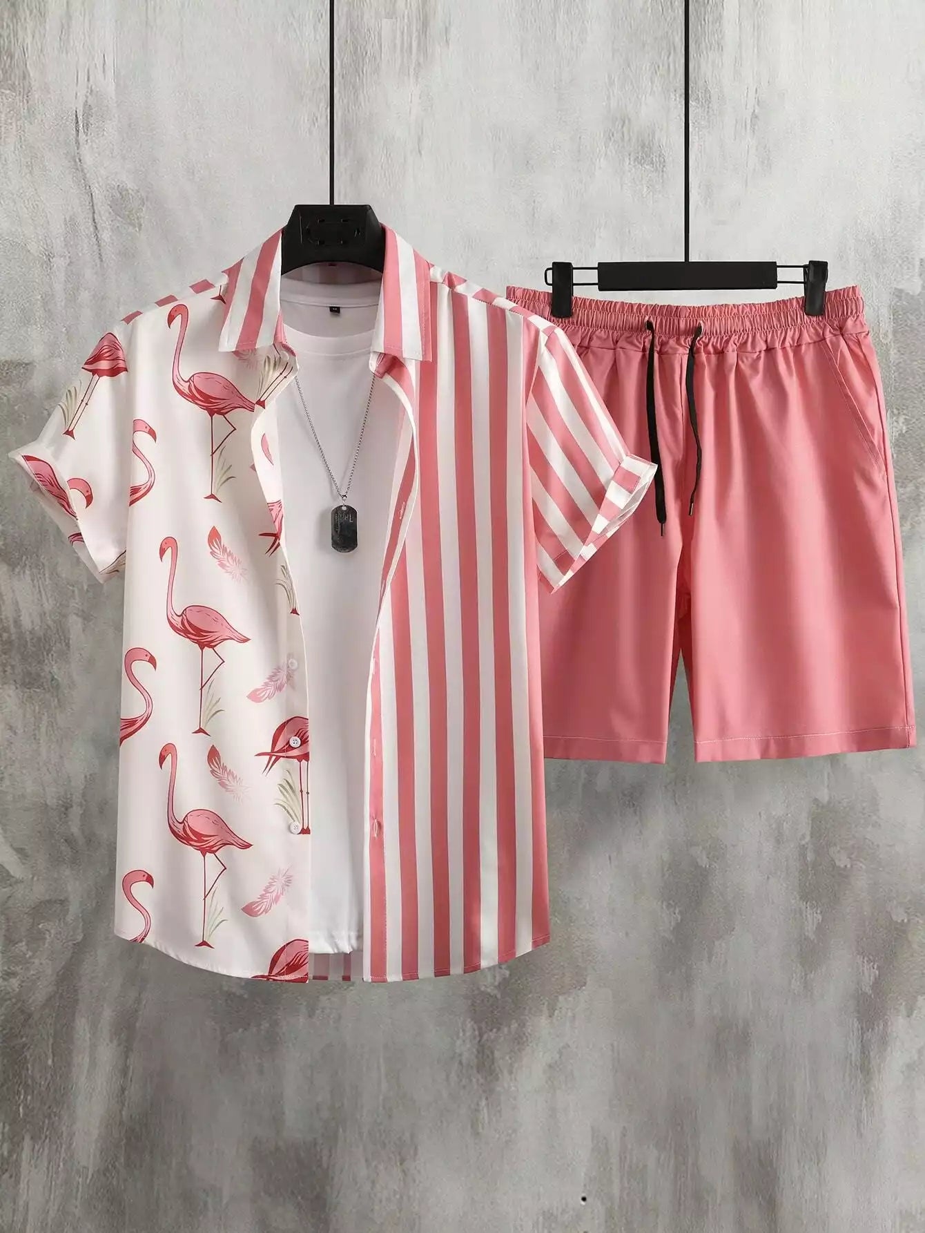 Peach Color Flamingo Design Mens Half Sleeves Cords Cotton Material - XPCRDH