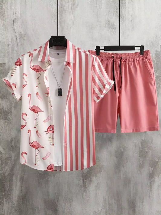 Peach Color Flamingo Design Mens Half Sleeves Cords Cotton Material - XPCRDH