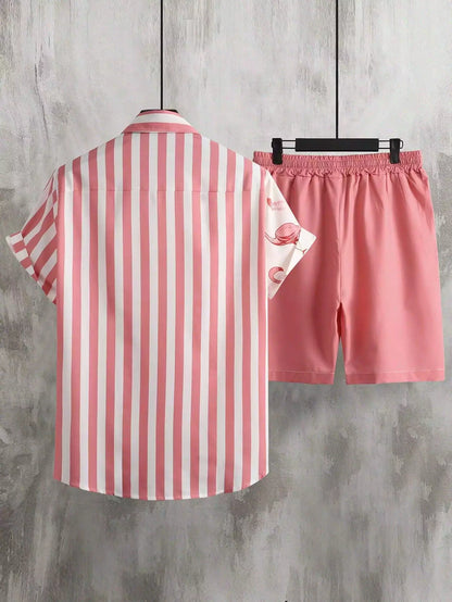 Peach Color Flamingo Design Mens Half Sleeves Cords Cotton Material - XPCRDH