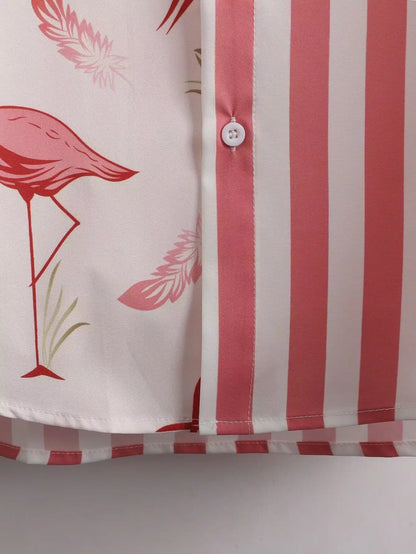 Peach Color Flamingo Design Mens Half Sleeves Cords Cotton Material - XPCRDH