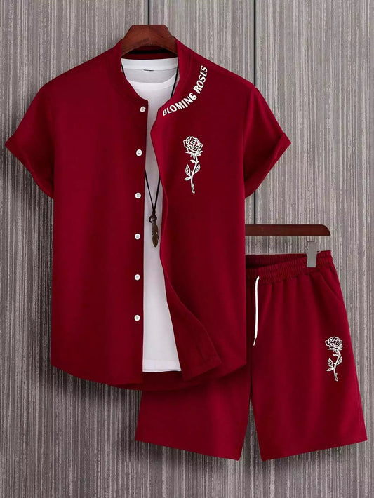 Red Rose Design Mens Half Sleeves Cords Cotton Material - XPCRDH