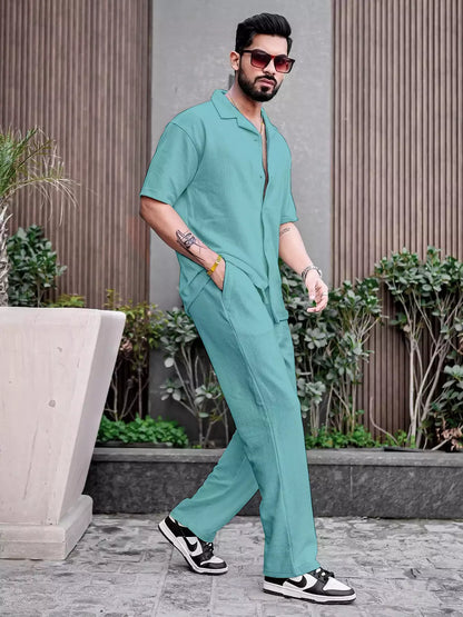 Apple Green Color Mens Full Set Trouser and Shirt Half Sleeves - XPCRDF