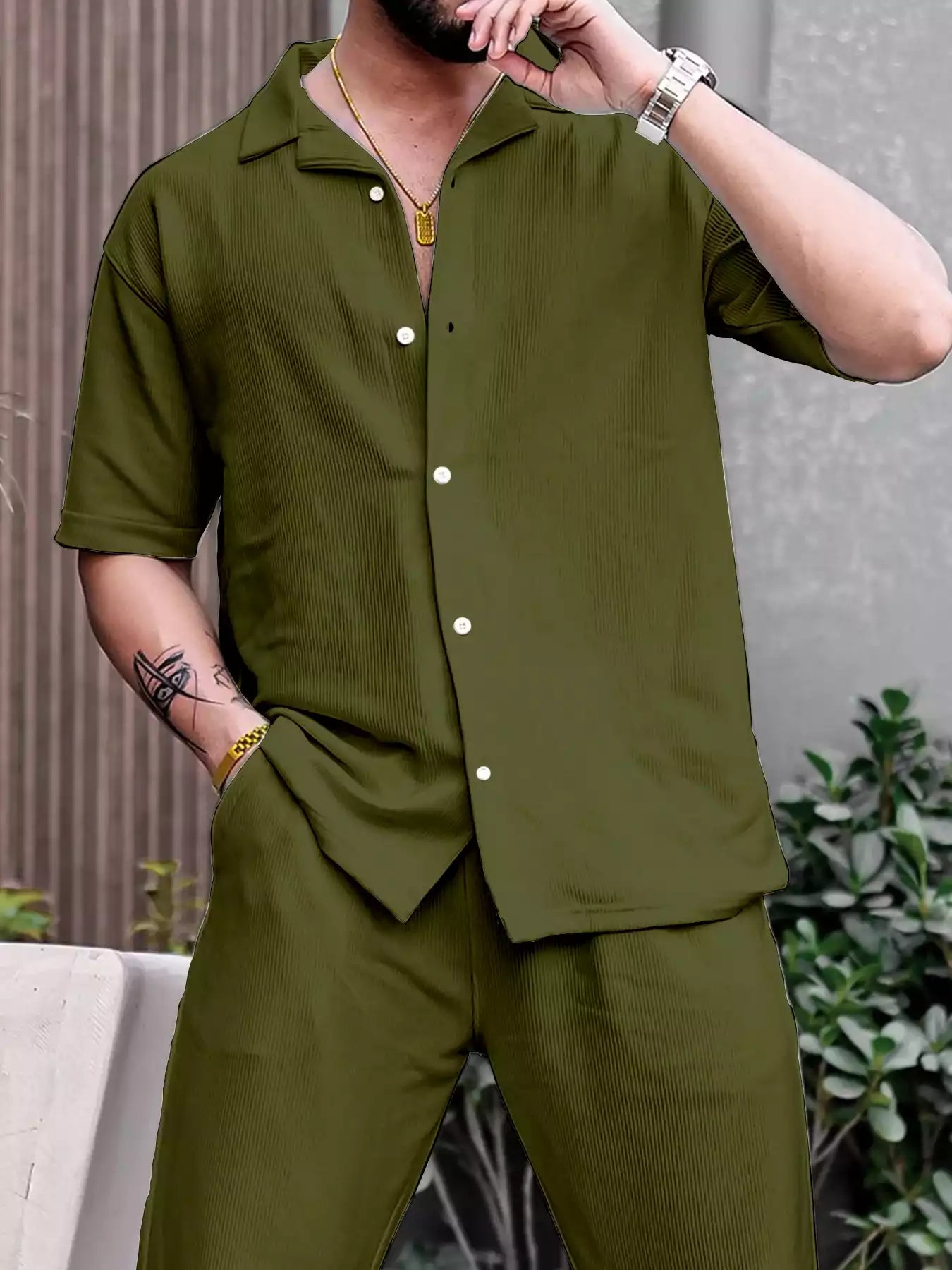 Green Color Mens Full Set Trouser and Shirt Half Sleeves - XPCRDF