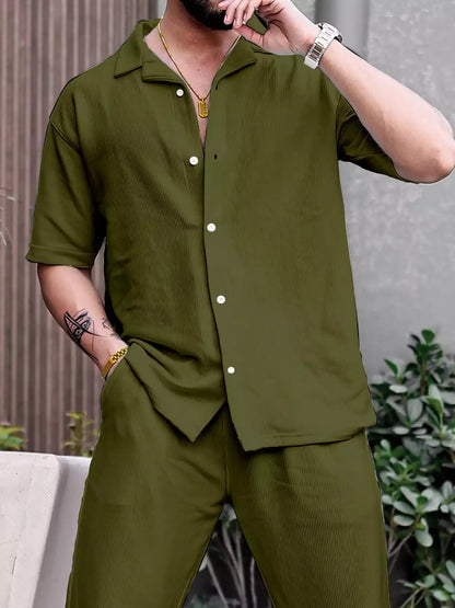Green Color Mens Full Set Trouser and Shirt Half Sleeves - XPCRDF