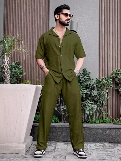 Green Color Mens Full Set Trouser and Shirt Half Sleeves - XPCRDF