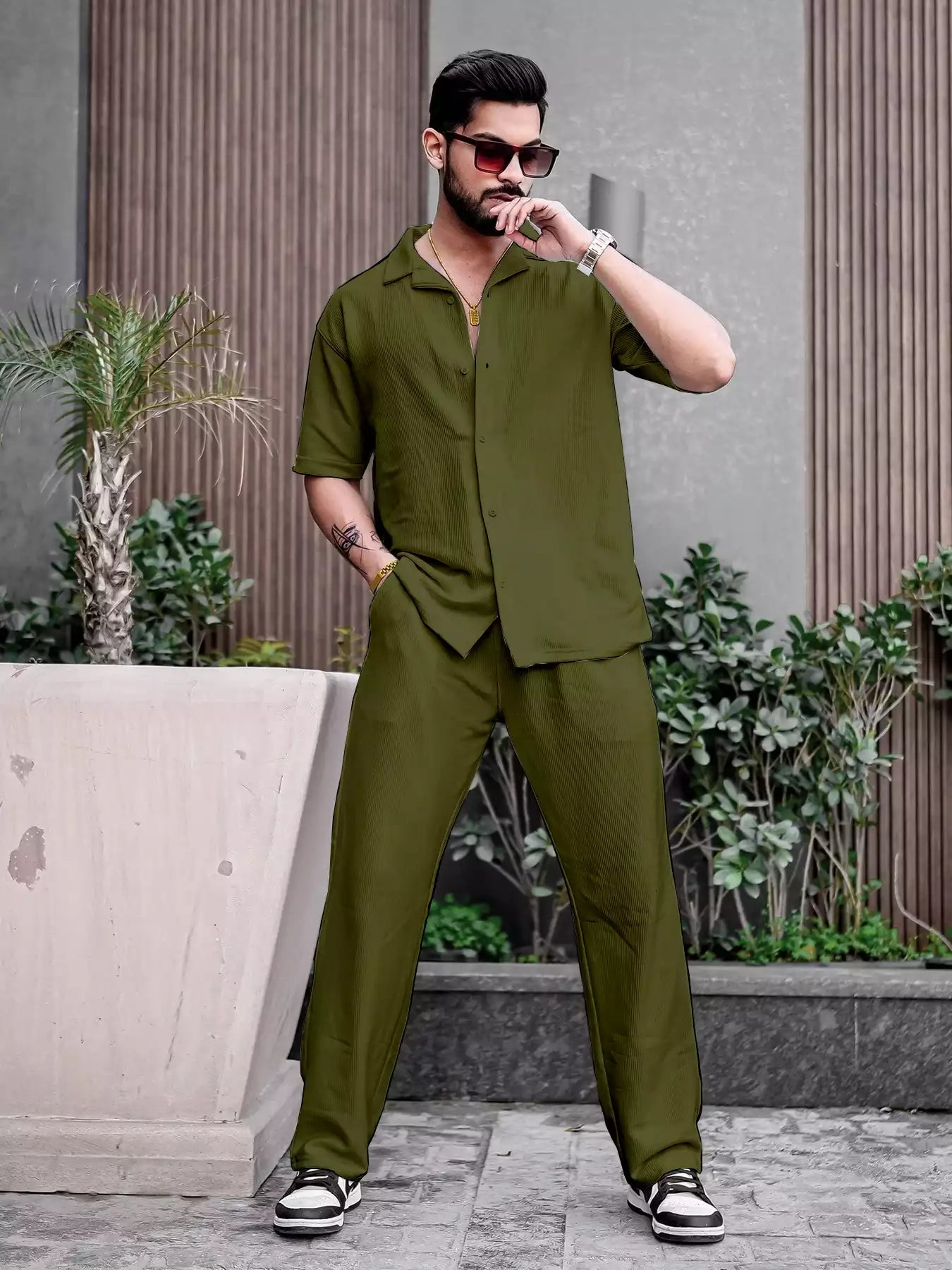Green Color Mens Full Set Trouser and Shirt Half Sleeves - XPCRDF