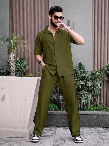 Green Color Mens Full Set Trouser and Shirt Half Sleeves - XPCRDF