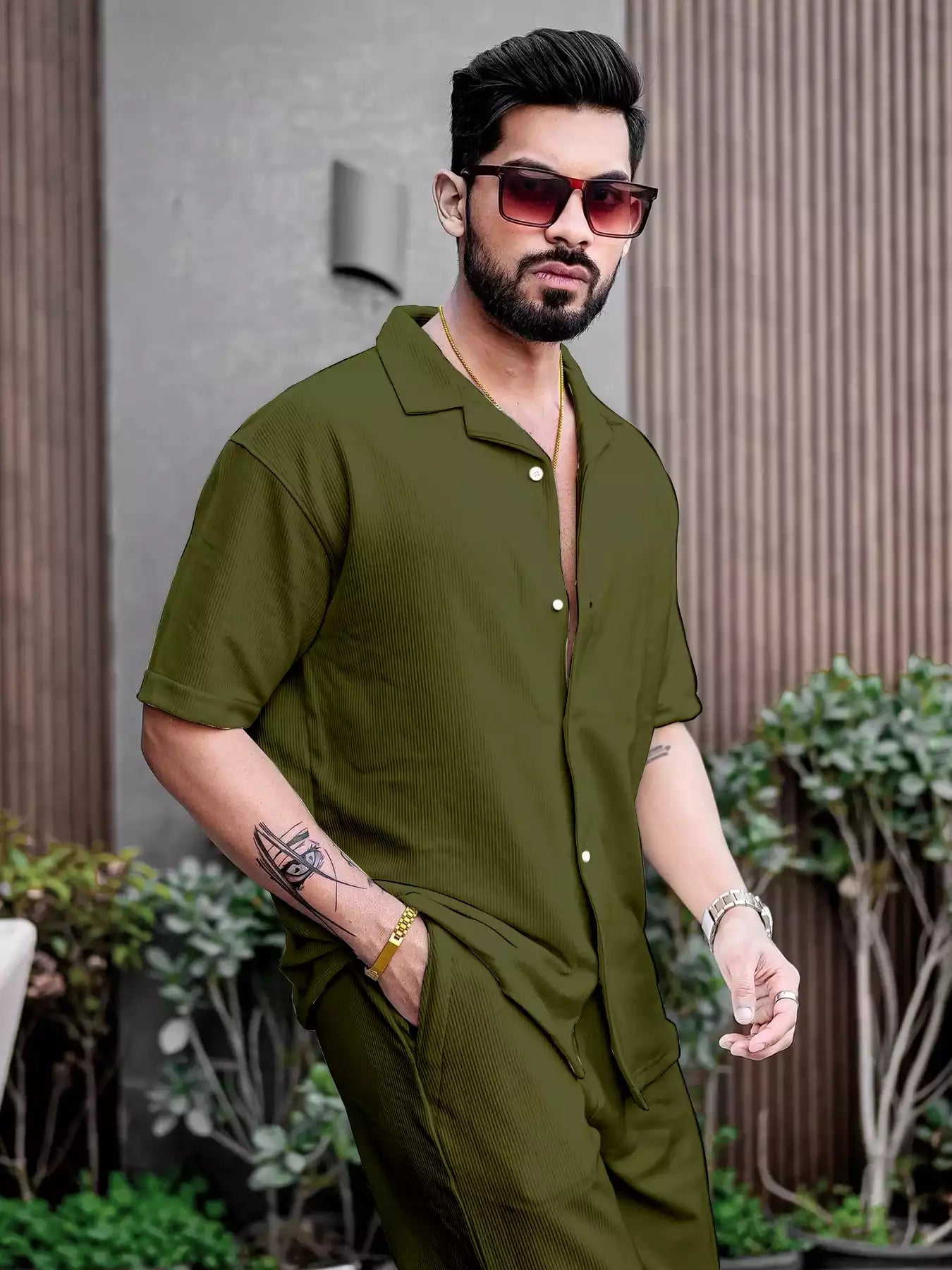 Green Color Mens Full Set Trouser and Shirt Half Sleeves - XPCRDF