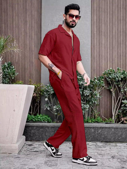 Maroon Color Mens Full Set Trouser and Shirt Half Sleeves - XPCRDF