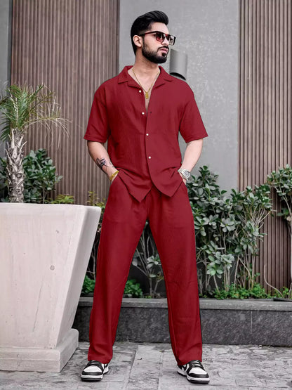 Maroon Color Mens Full Set Trouser and Shirt Half Sleeves - XPCRDF