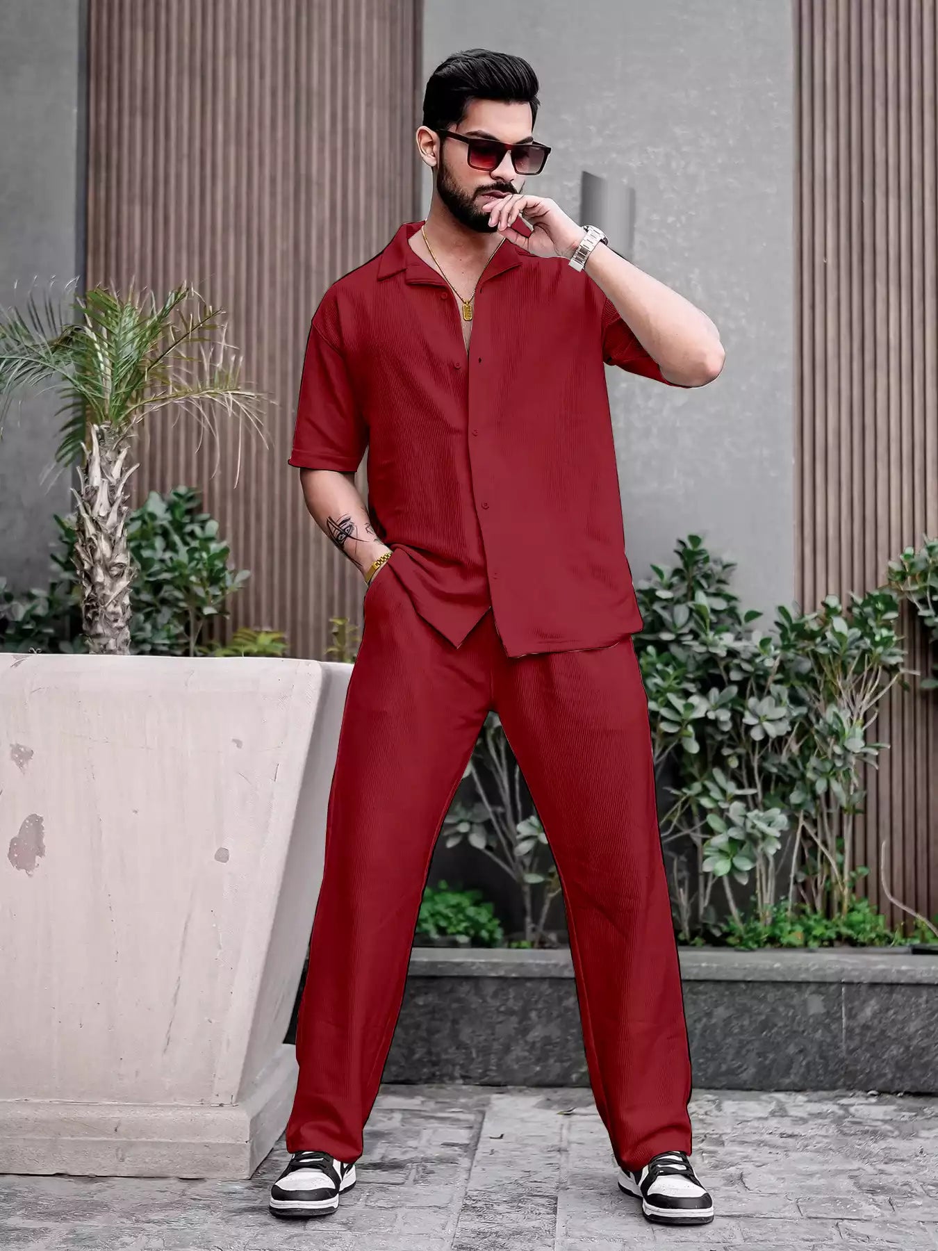 Maroon Color Mens Full Set Trouser and Shirt Half Sleeves - XPCRDF