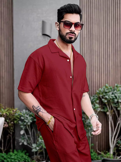 Maroon Color Mens Full Set Trouser and Shirt Half Sleeves - XPCRDF