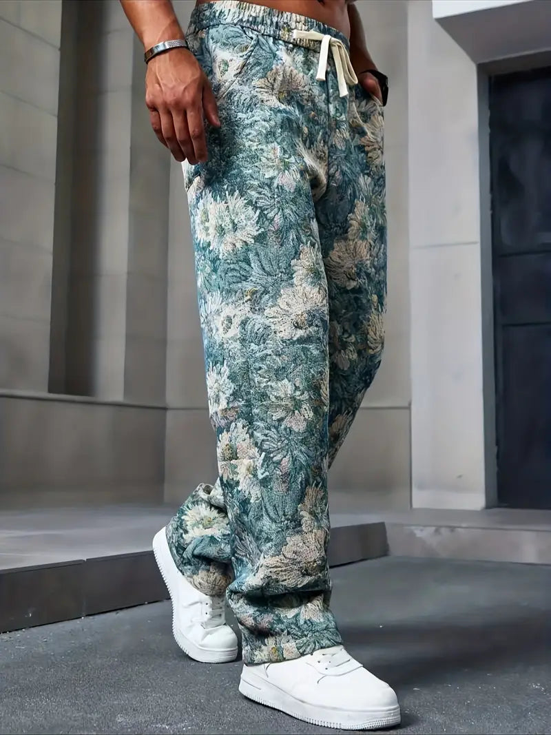 Blue Color Men’s Relaxed Fit Floral Print Casual Pants - XPPT