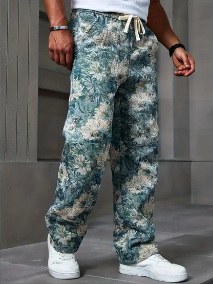Blue Color Men’s Relaxed Fit Floral Print Casual Pants - XPPT