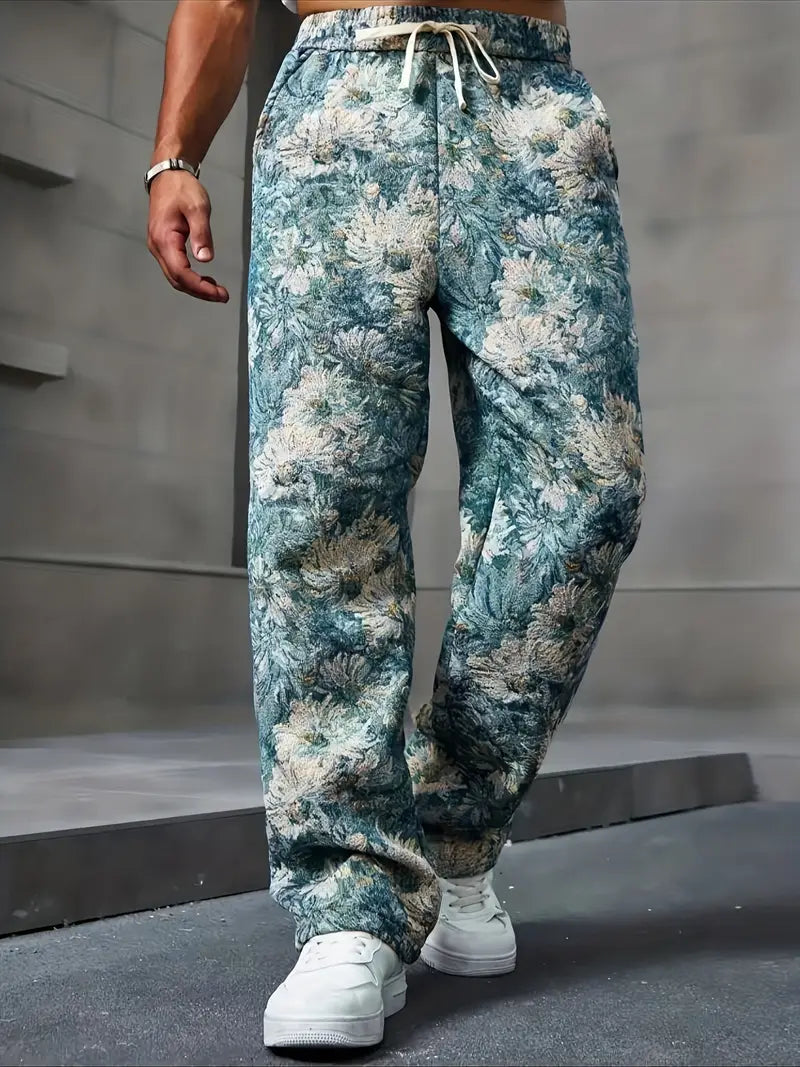 Blue Color Men’s Relaxed Fit Floral Print Casual Pants - XPPT