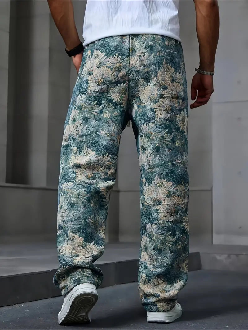 Blue Color Men’s Relaxed Fit Floral Print Casual Pants - XPPT