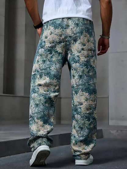 Blue Color Men’s Relaxed Fit Floral Print Casual Pants - XPPT