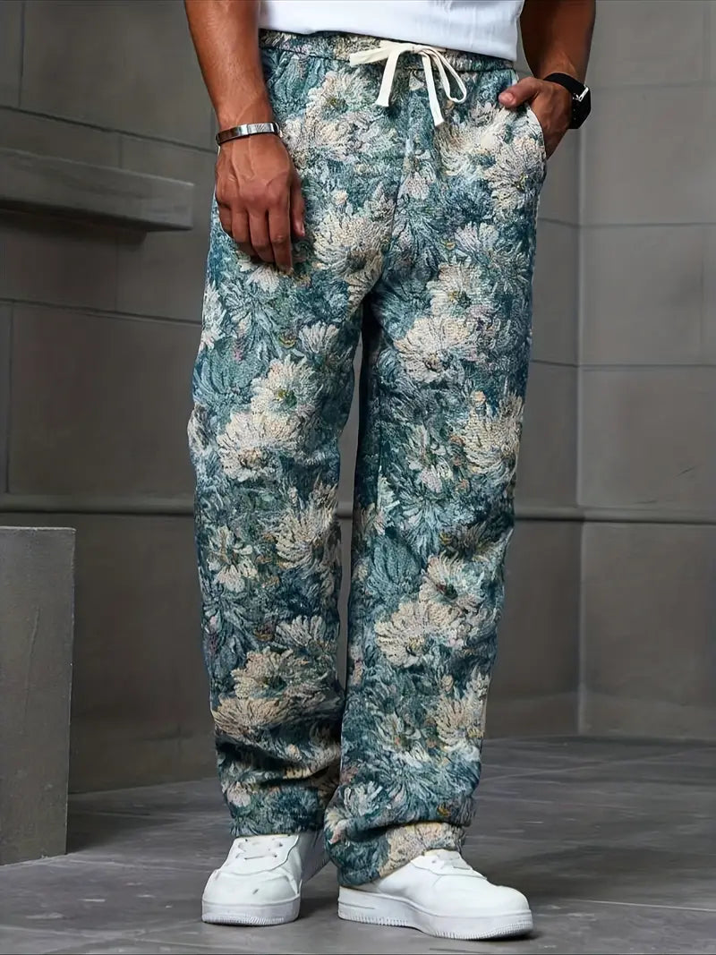 Blue Color Men’s Relaxed Fit Floral Print Casual Pants - XPPT