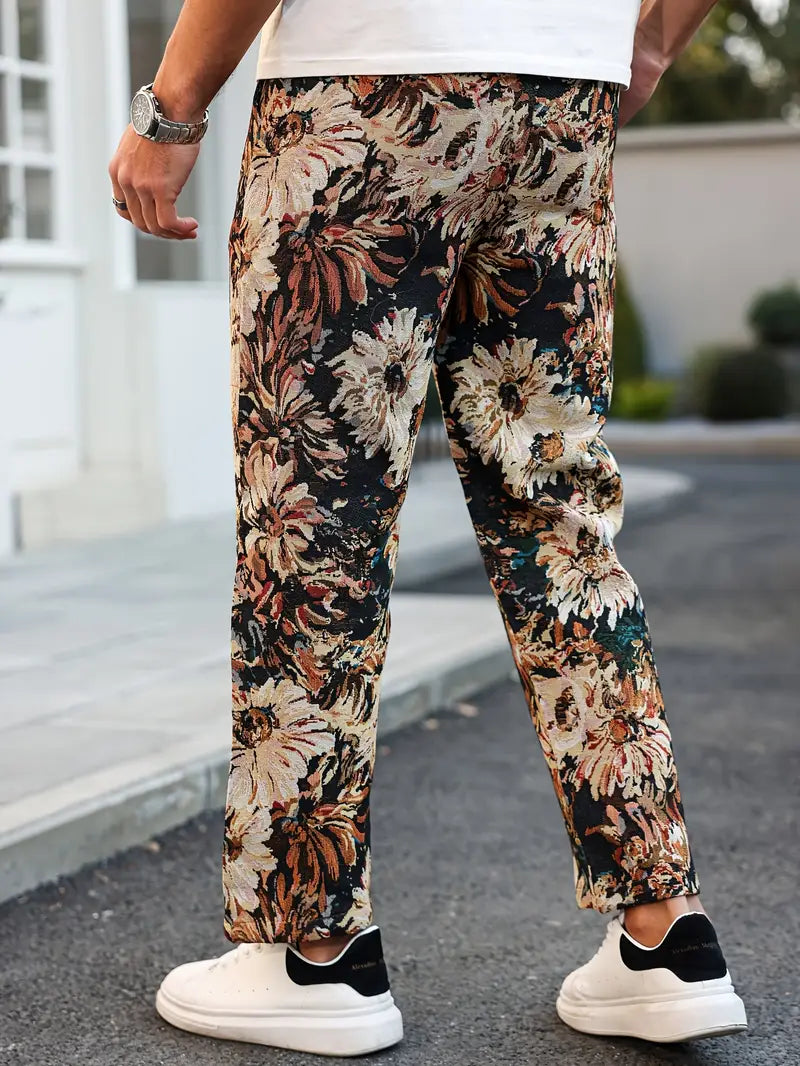 Brown Color Men’s Relaxed Fit Floral Print Casual Pants - XPPT