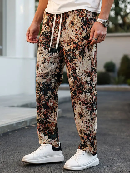 Brown Color Men’s Relaxed Fit Floral Print Casual Pants - XPPT