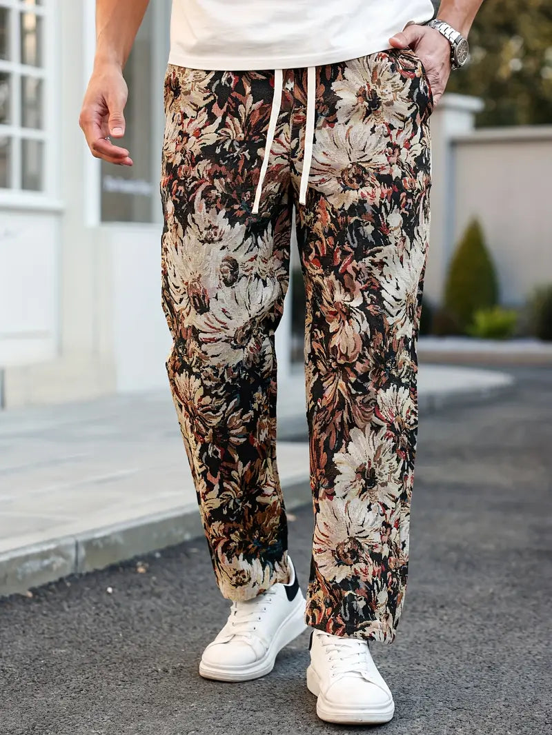 Brown Color Men’s Relaxed Fit Floral Print Casual Pants - XPPT
