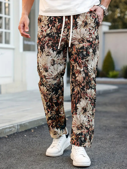 Brown Color Men’s Relaxed Fit Floral Print Casual Pants - XPPT